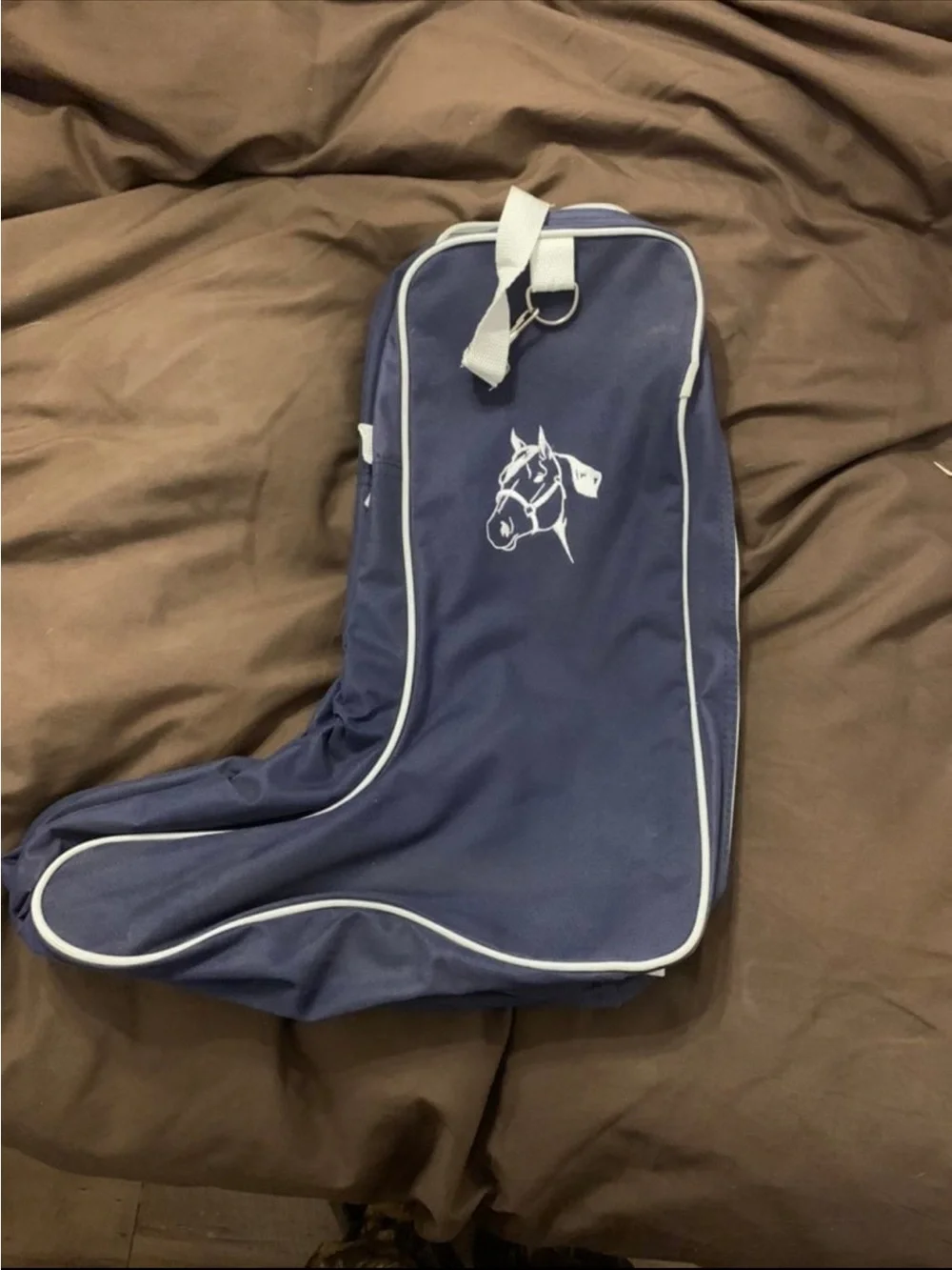 Navy Equestrian Boot Bag with White Piping